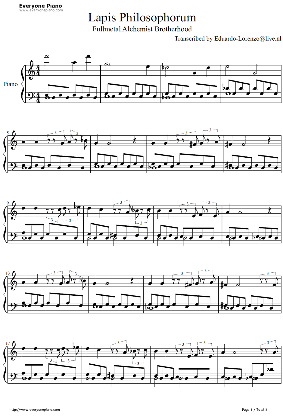 Lapis Philosophorum钢琴谱-クワイア千住明-钢之炼金术师FULLMETALALCHEMIST插曲1