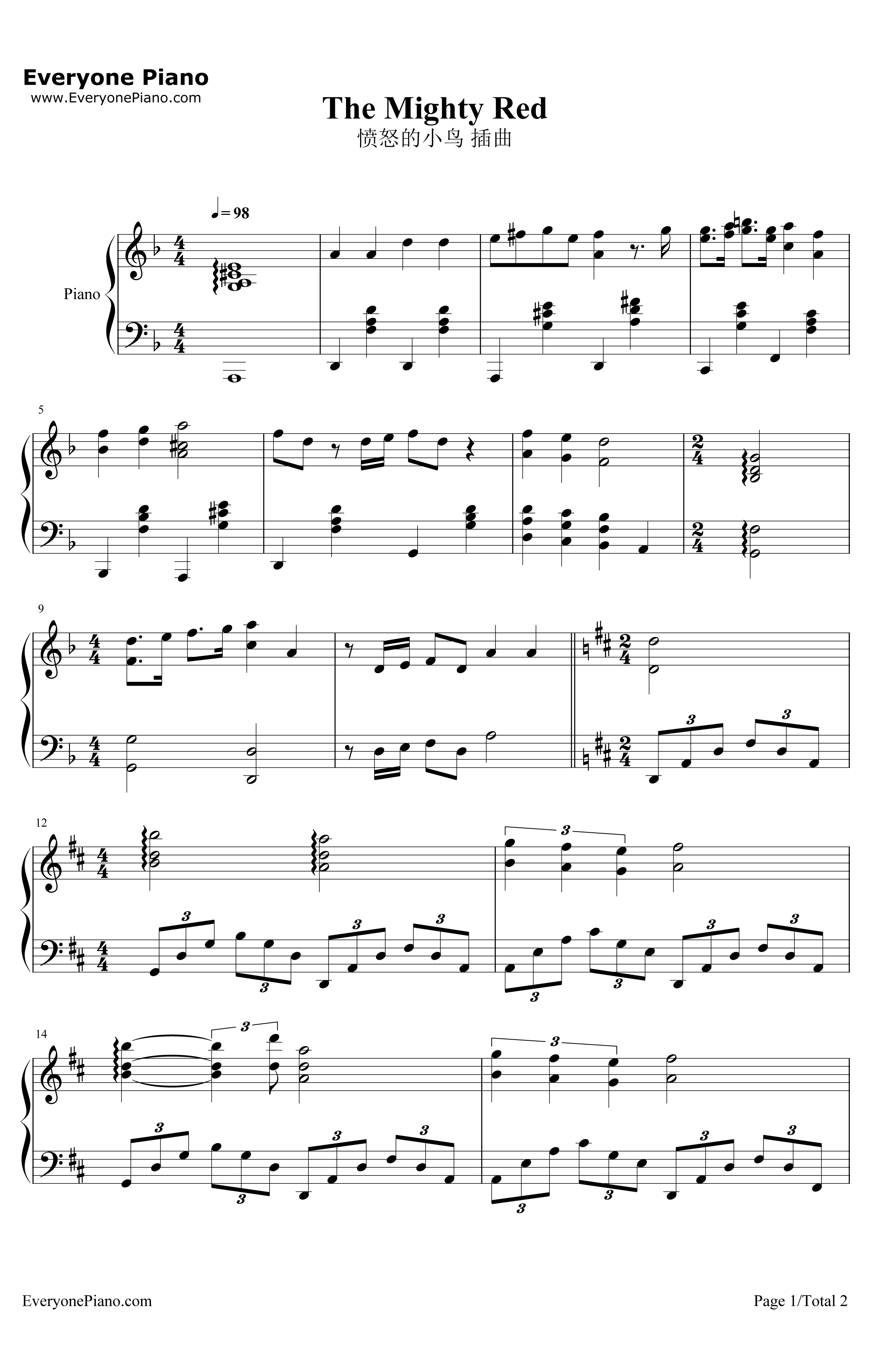 TheMightyRedSong钢琴谱-HeitorPereira-愤怒的小鸟插曲1