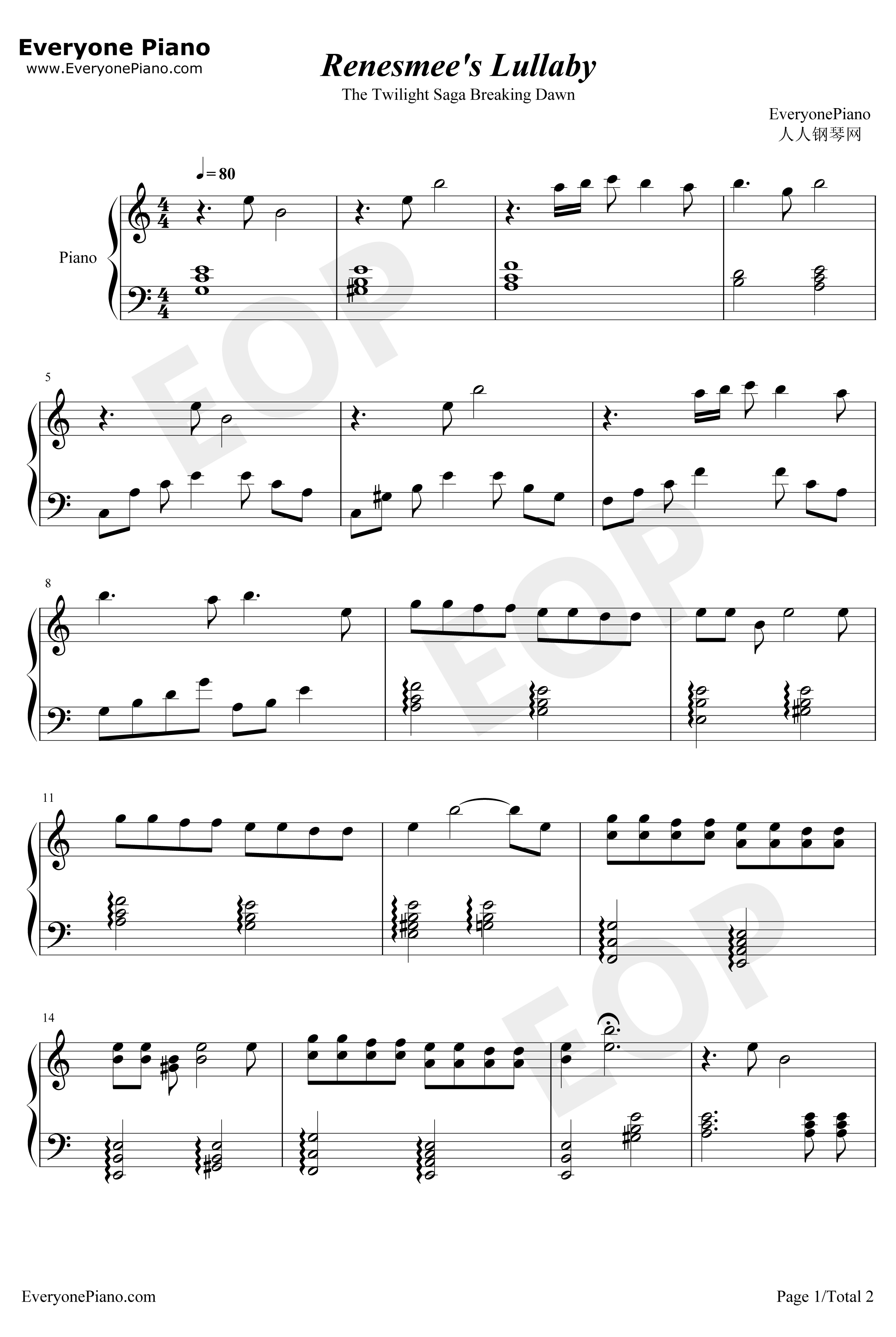 Renesmee'sLullaby钢琴谱-CarterBurwell-暮光之城4破晓下OST1