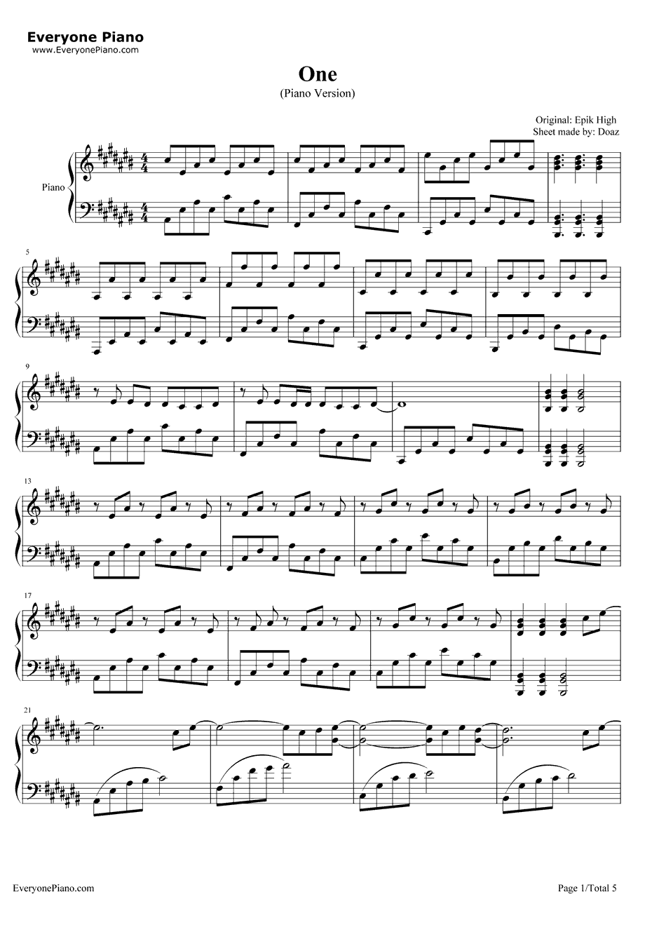 One钢琴谱-EpikHigh1