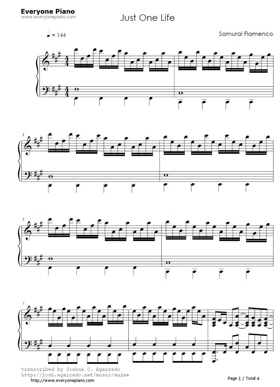 JUST ONE LIFE钢琴谱-Spyair-武士弗拉明戈OP11