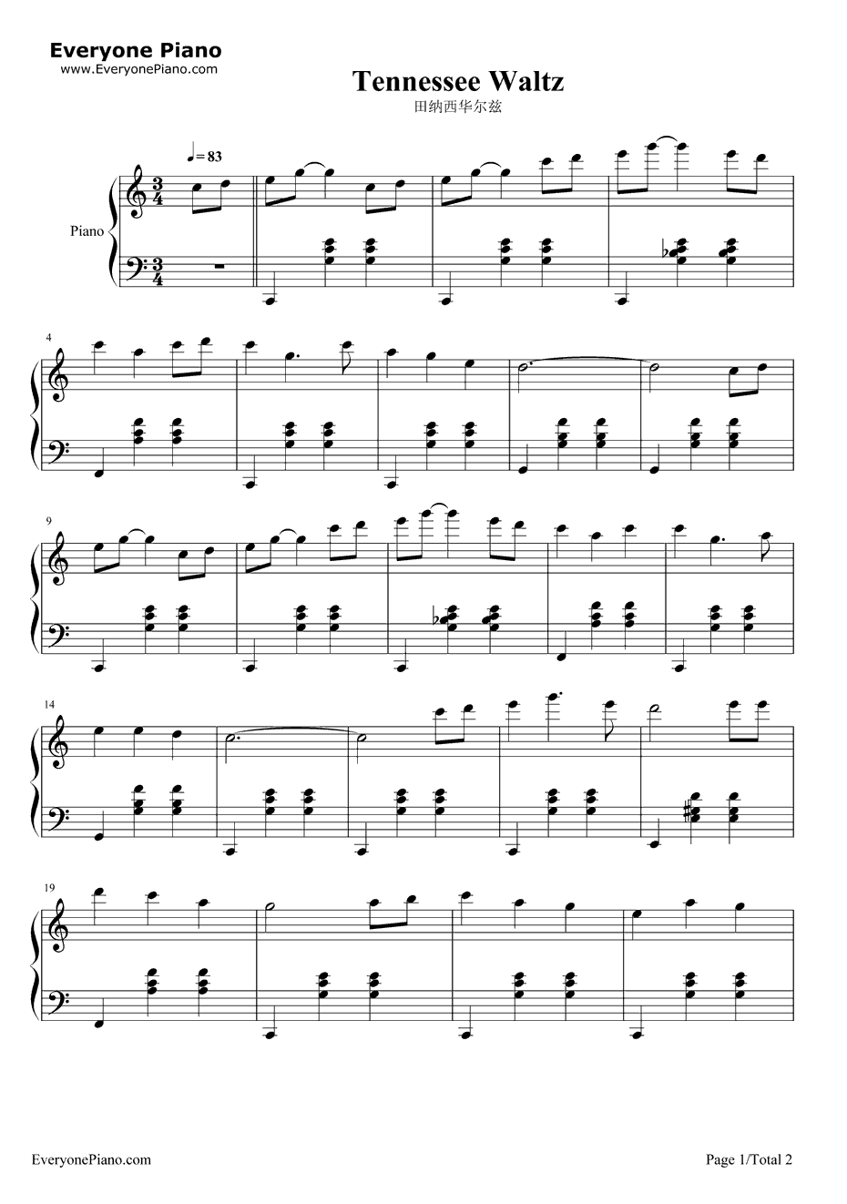 田纳西华尔兹钢琴谱-PeeWeeKing-田纳西圆舞曲1