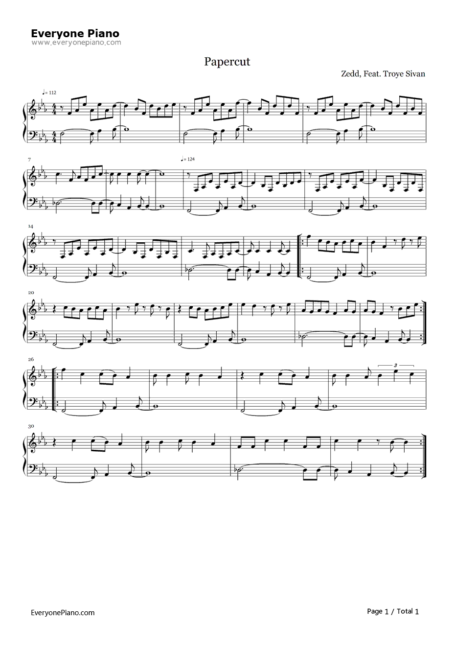 Papercut钢琴谱-Zedd&TroyeSivan1