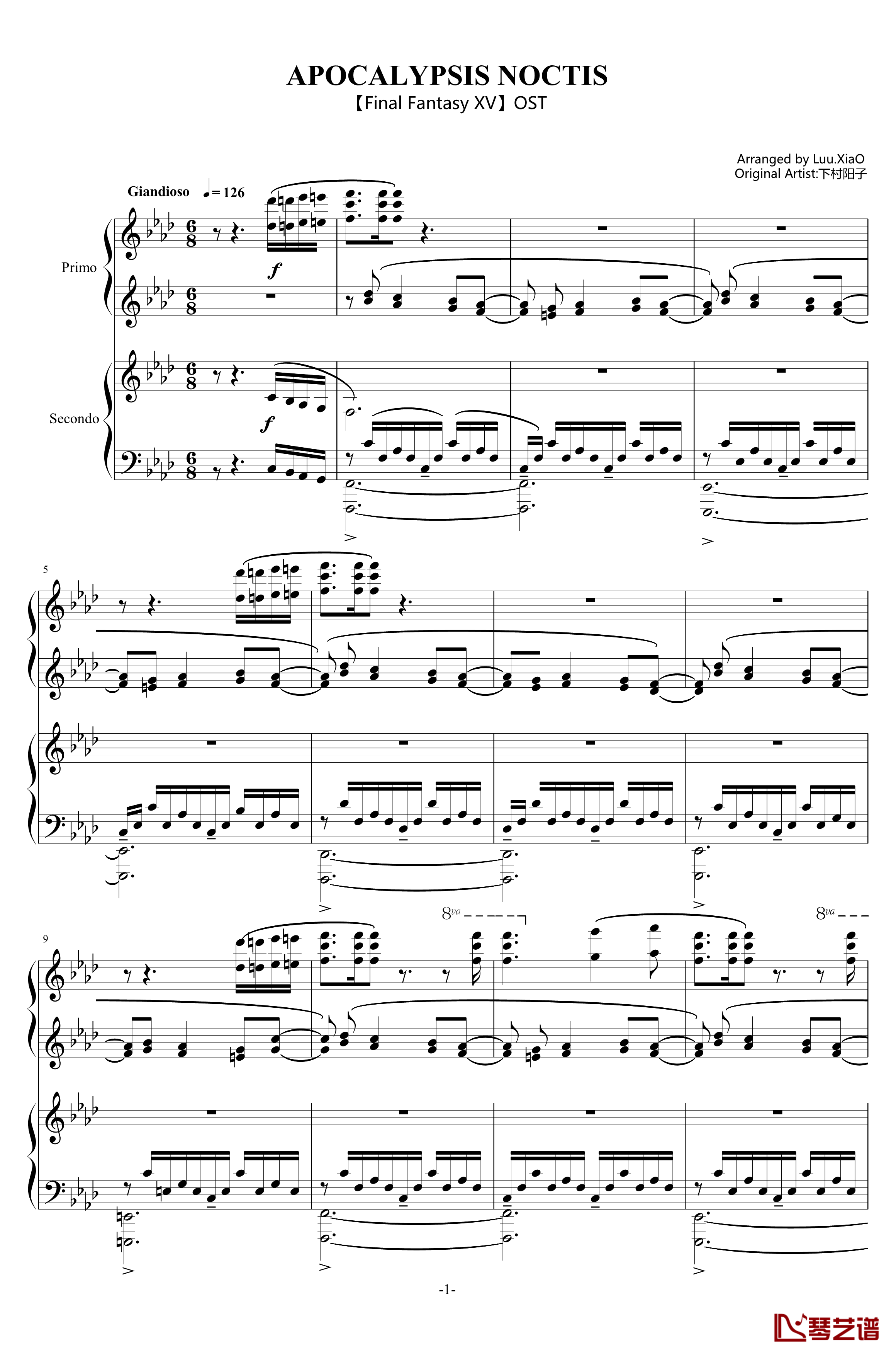OST APOCALYPSIS NOCTIS 钢琴谱-Piano duet-最终幻想XV1