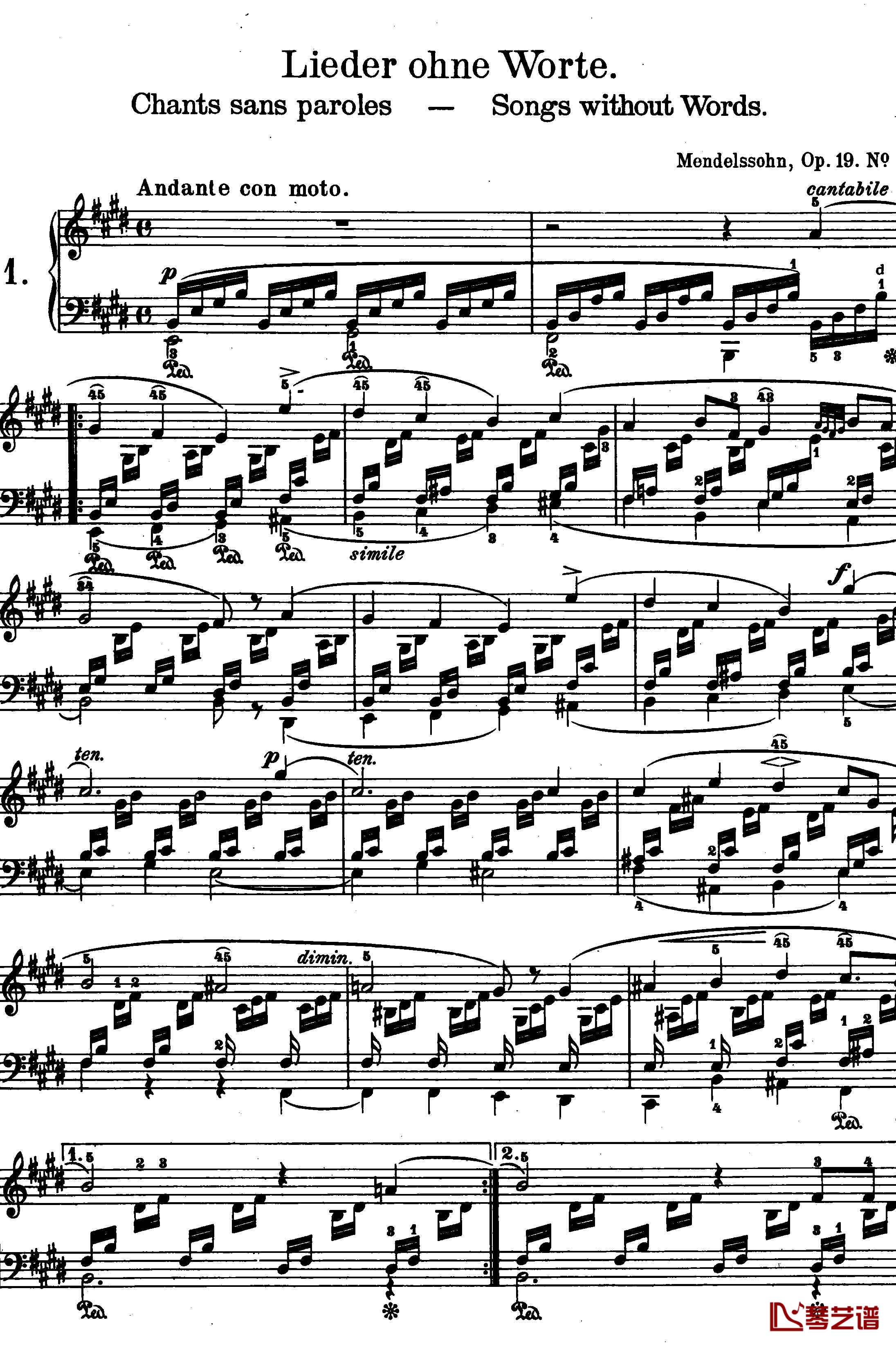 E大调无词歌钢琴谱-Op. 19, No. 1-门德尔松1