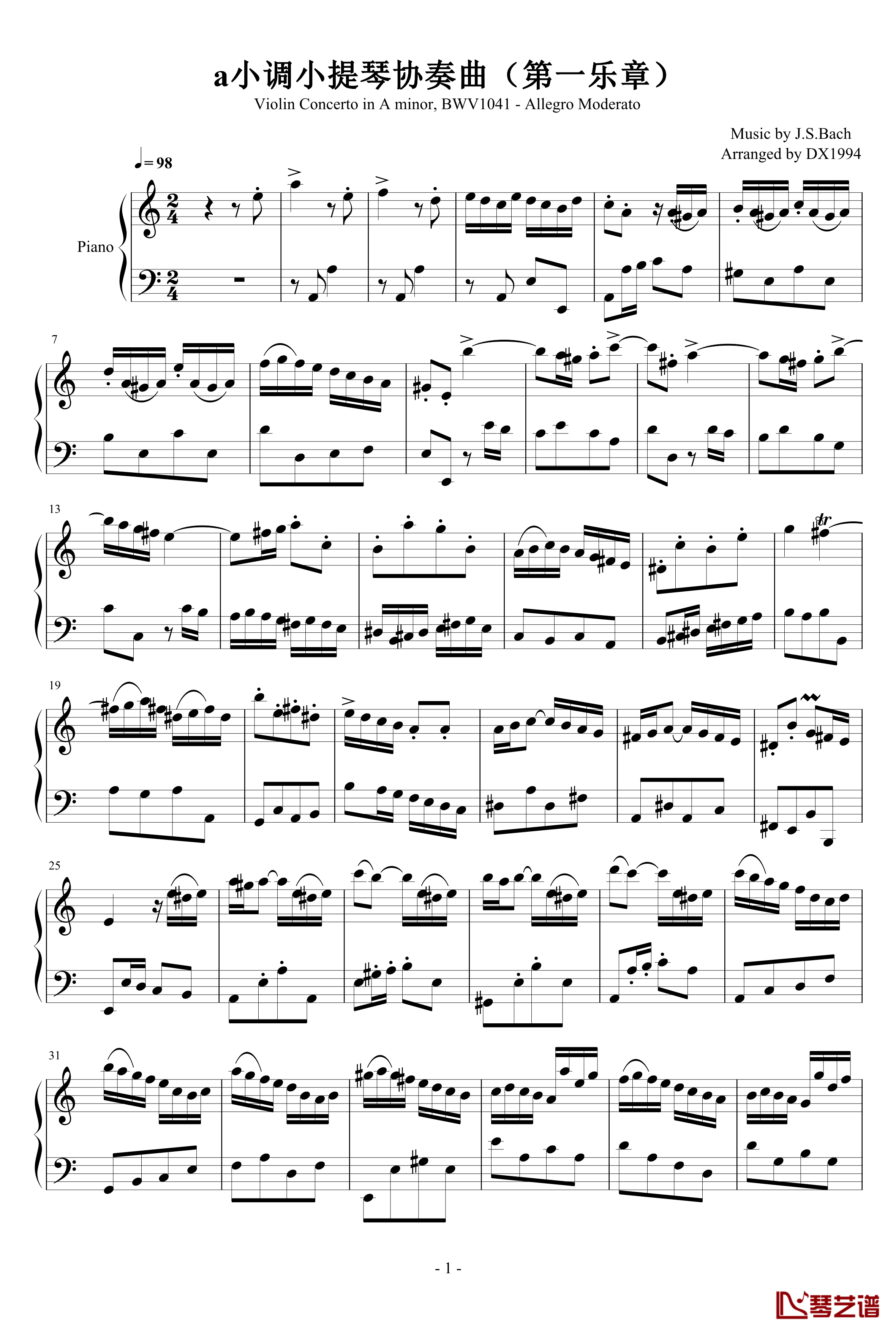 a小调小提琴协奏曲钢琴谱-第一乐章-巴哈-Bach, Johann Sebastian1