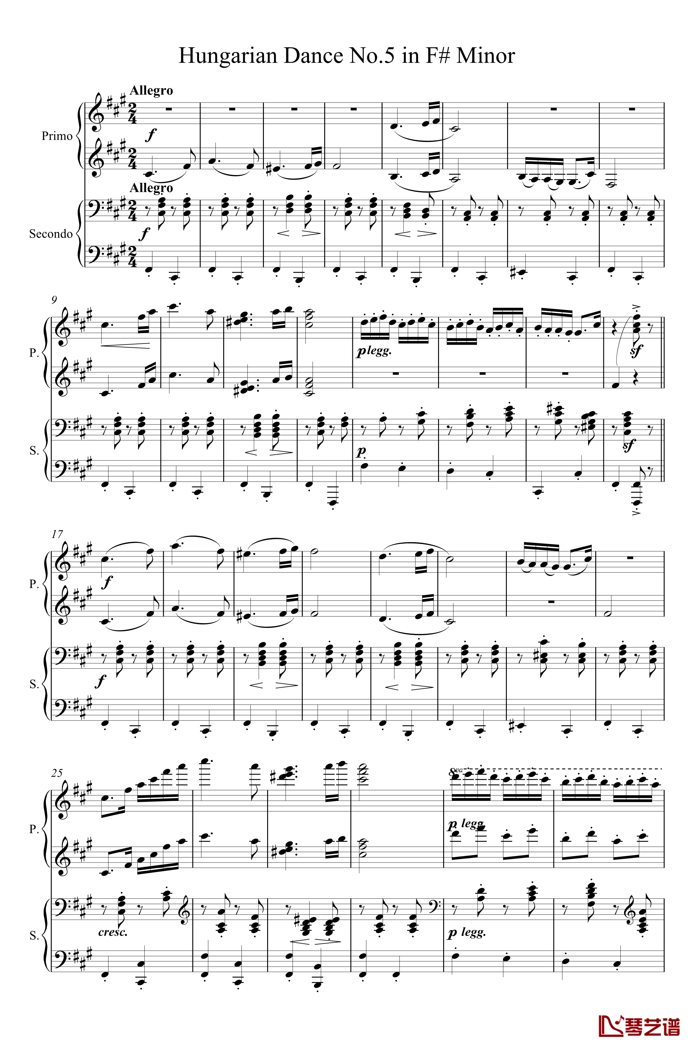 匈牙利舞曲第五号钢琴谱-四手联弹-勃拉姆斯1