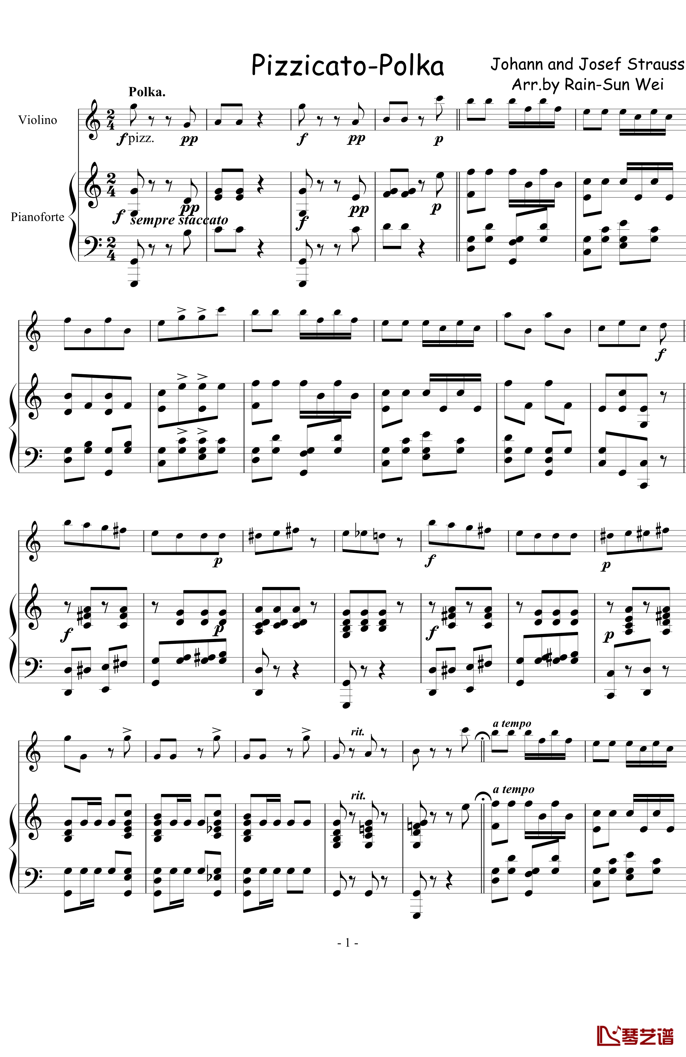 拨弦波尔卡钢琴谱-提琴、钢琴-约翰·斯特劳斯1