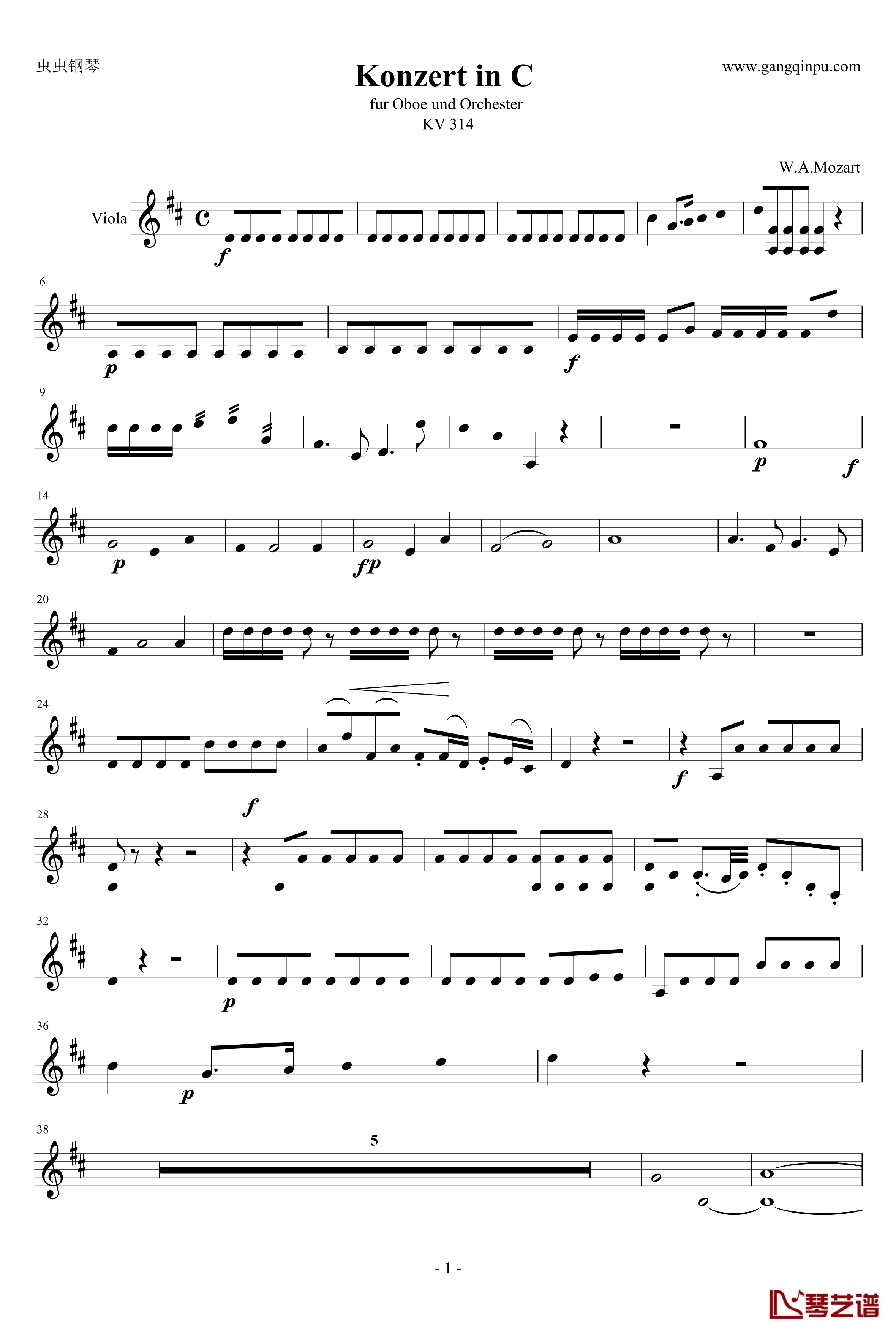 C大调双簧管协奏曲第一乐章钢琴谱-中提分谱 单簧管版-莫扎特1
