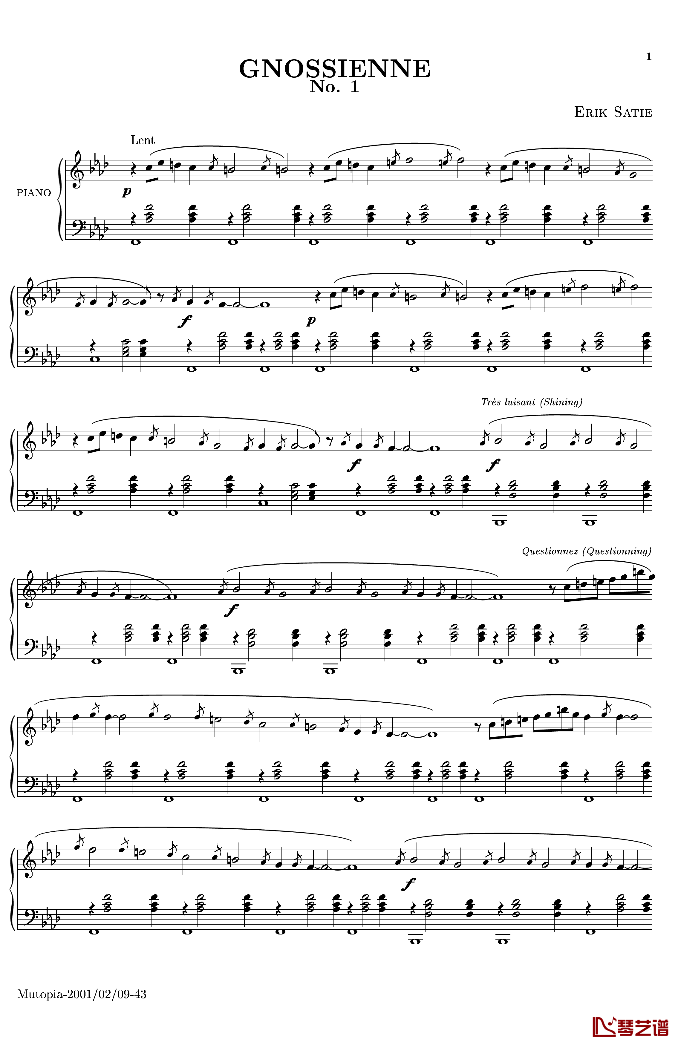 萨蒂玄秘曲钢琴谱 第一首-沙拉萨蒂1