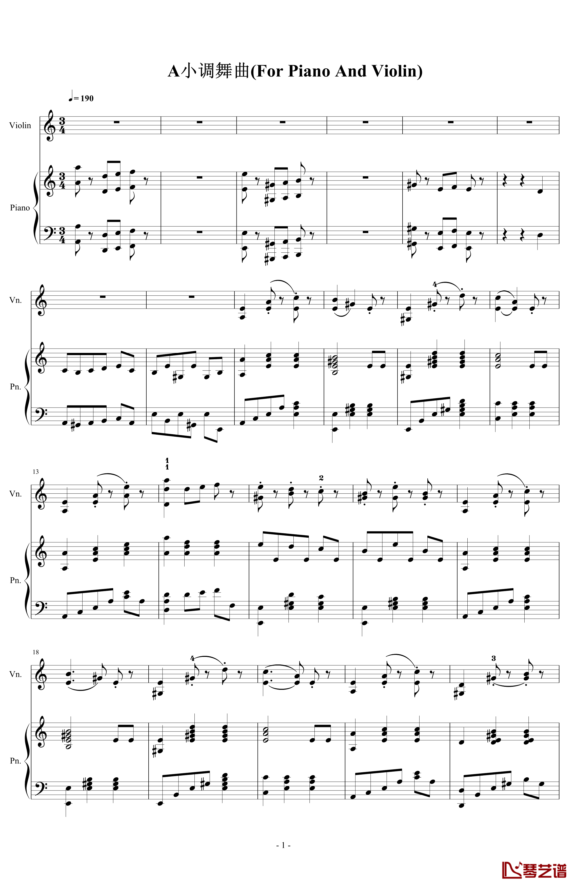 A小调舞曲钢琴谱-For Piano And Violin-.伊dên-H141