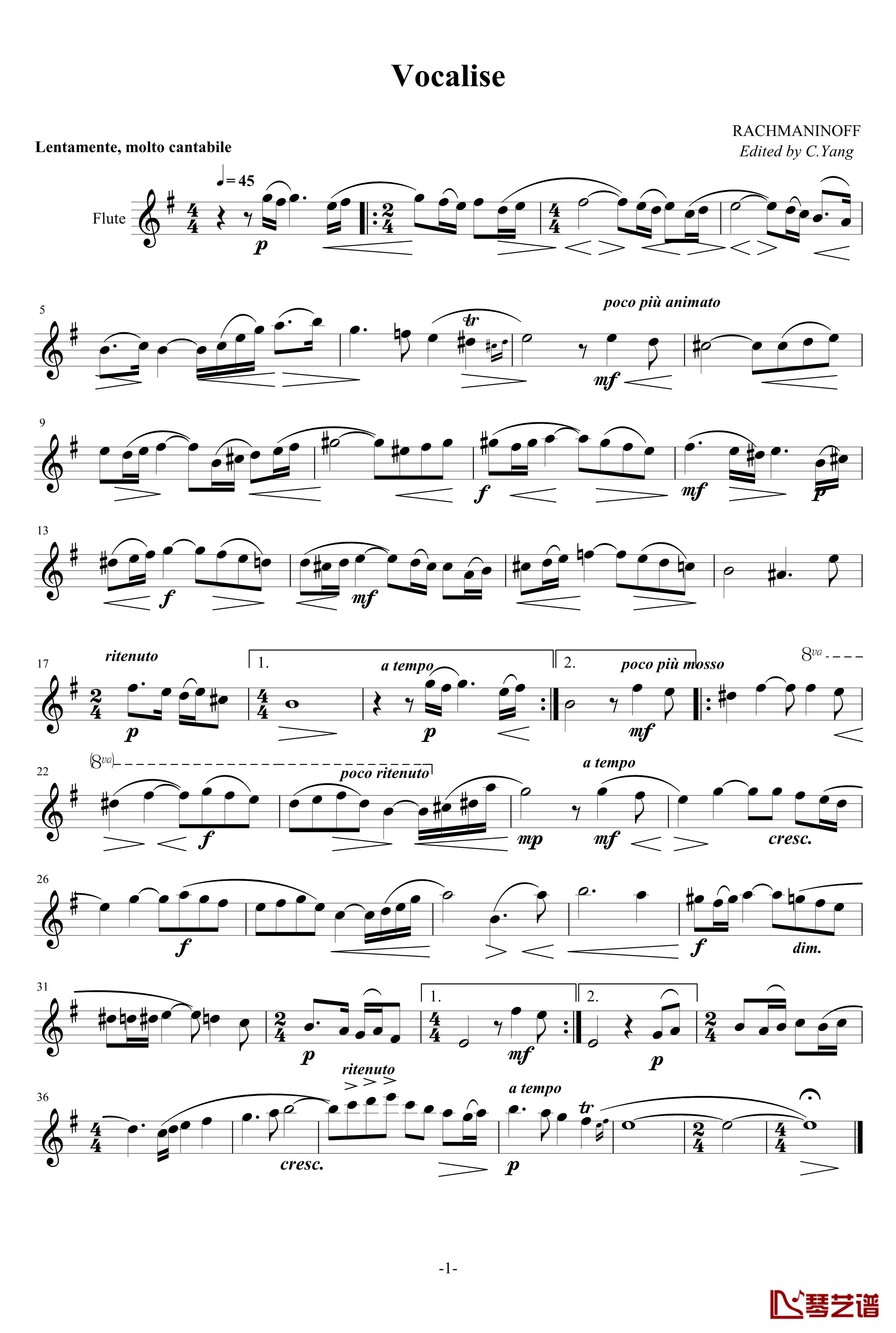 练声曲钢琴谱-长笛-拉赫马尼若夫1