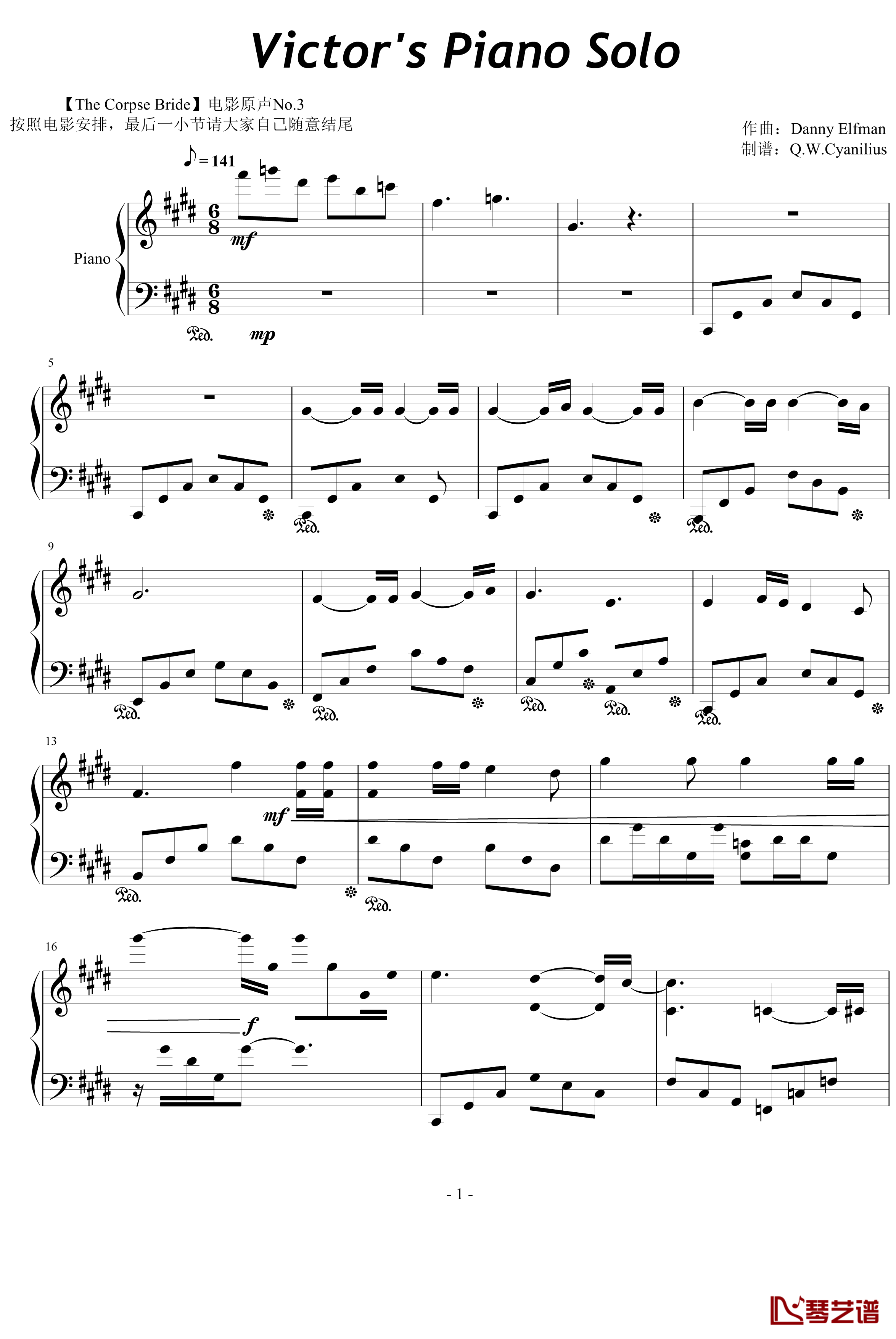 僵尸新娘中Victor的独奏钢琴谱-Danny Elfman-钢琴1