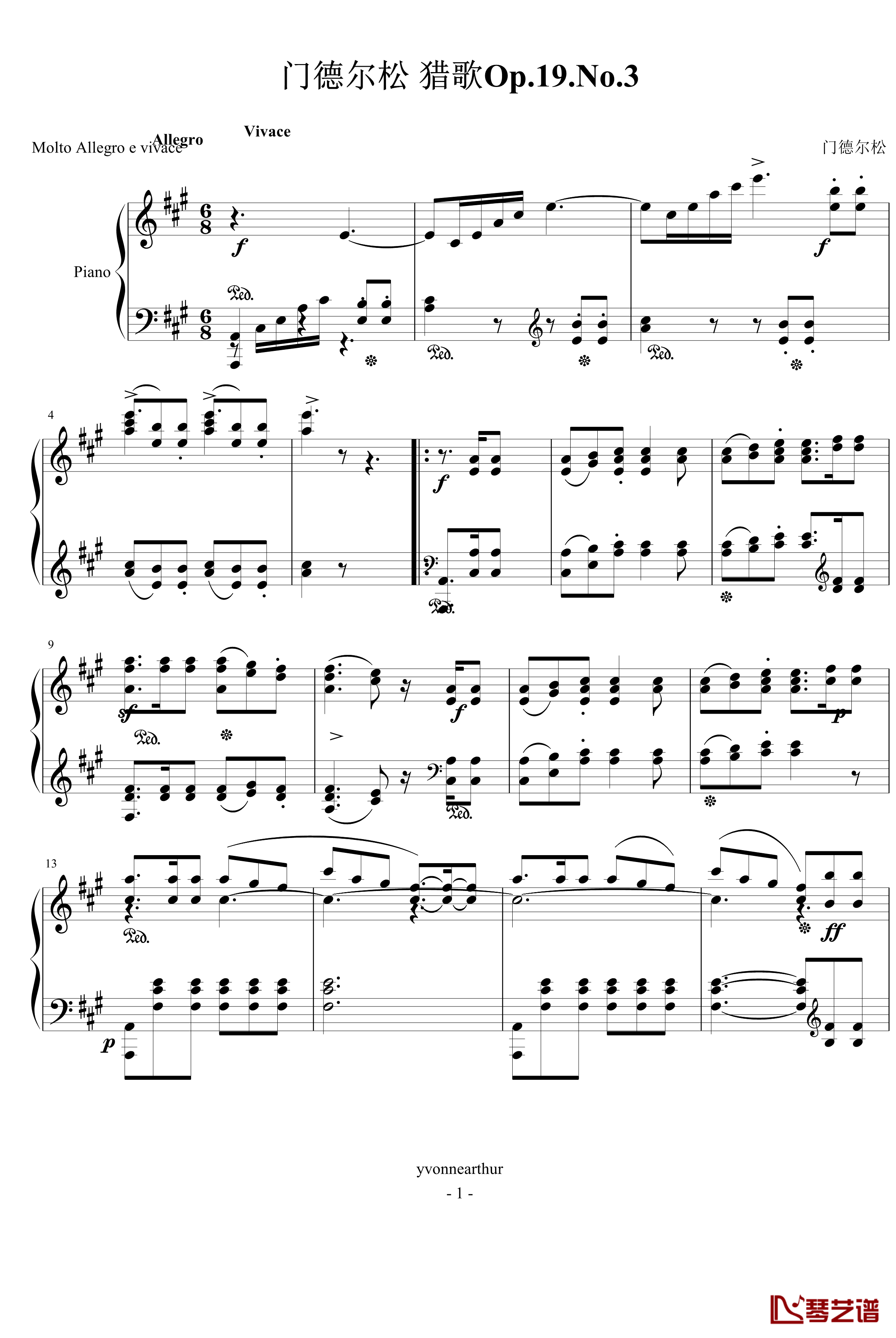 无言歌Op.19No.3钢琴谱-门德尔松1