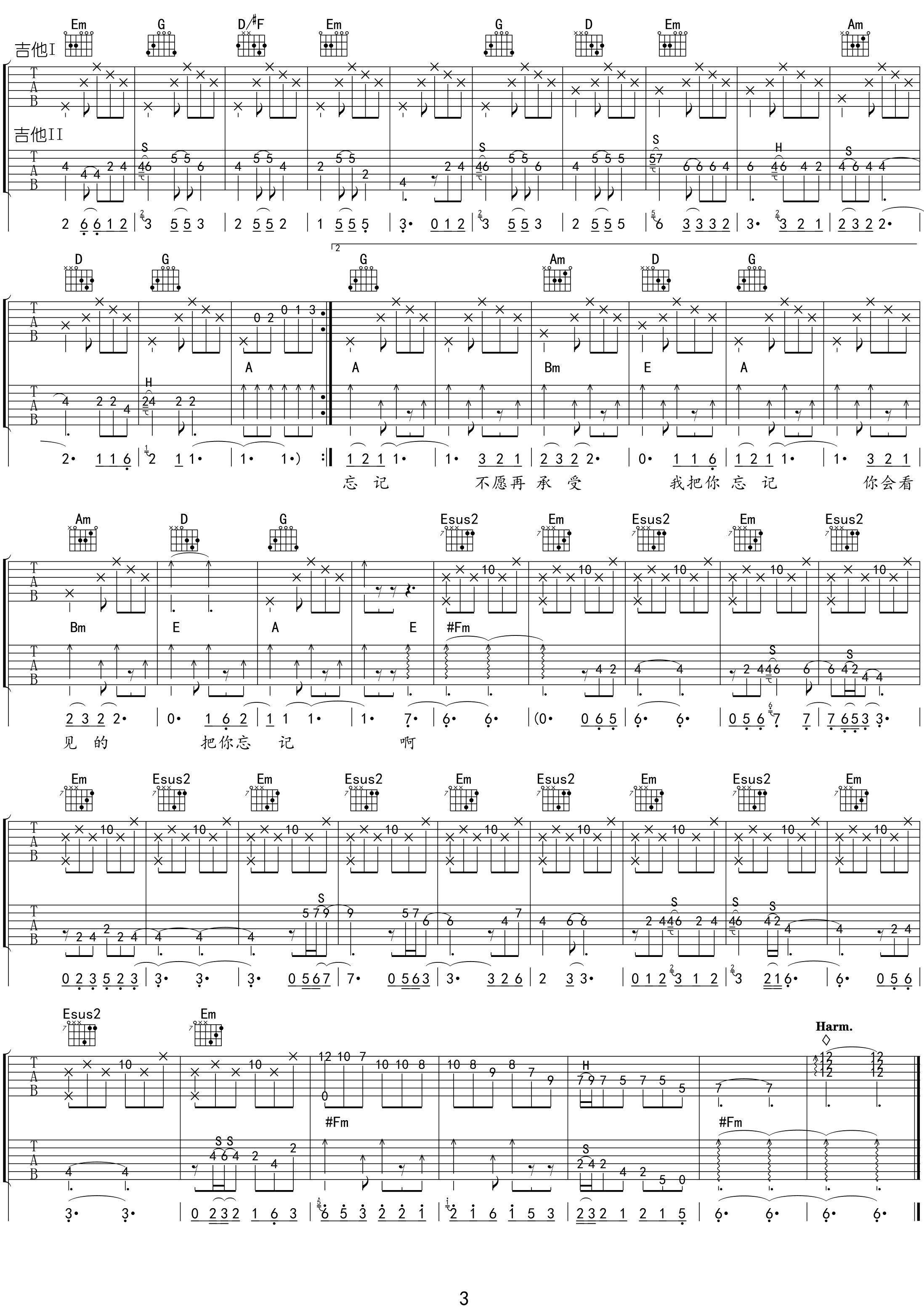 浪人情歌吉他谱-伍佰-原版双吉他弹唱谱-附PDF图片谱1