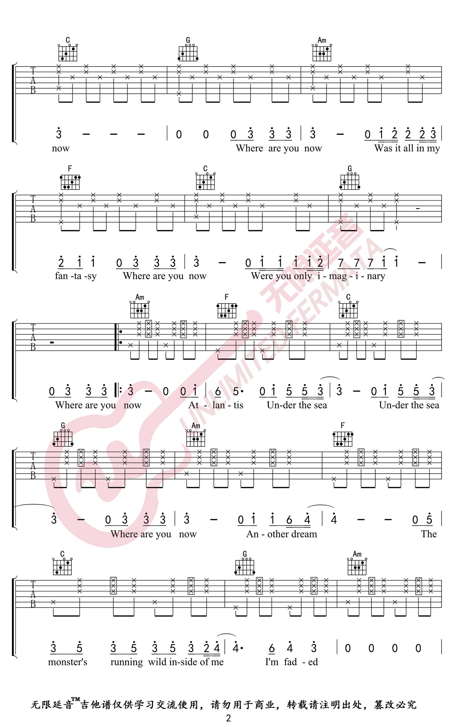 Faded吉他谱-Alan Walker-《Faded》C调弹唱六线谱-高清图片谱1