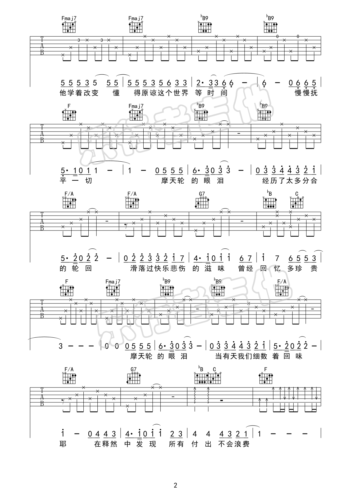 《摩天轮的眼泪》吉他谱-金志文-F调原版弹唱谱-高清六线谱1