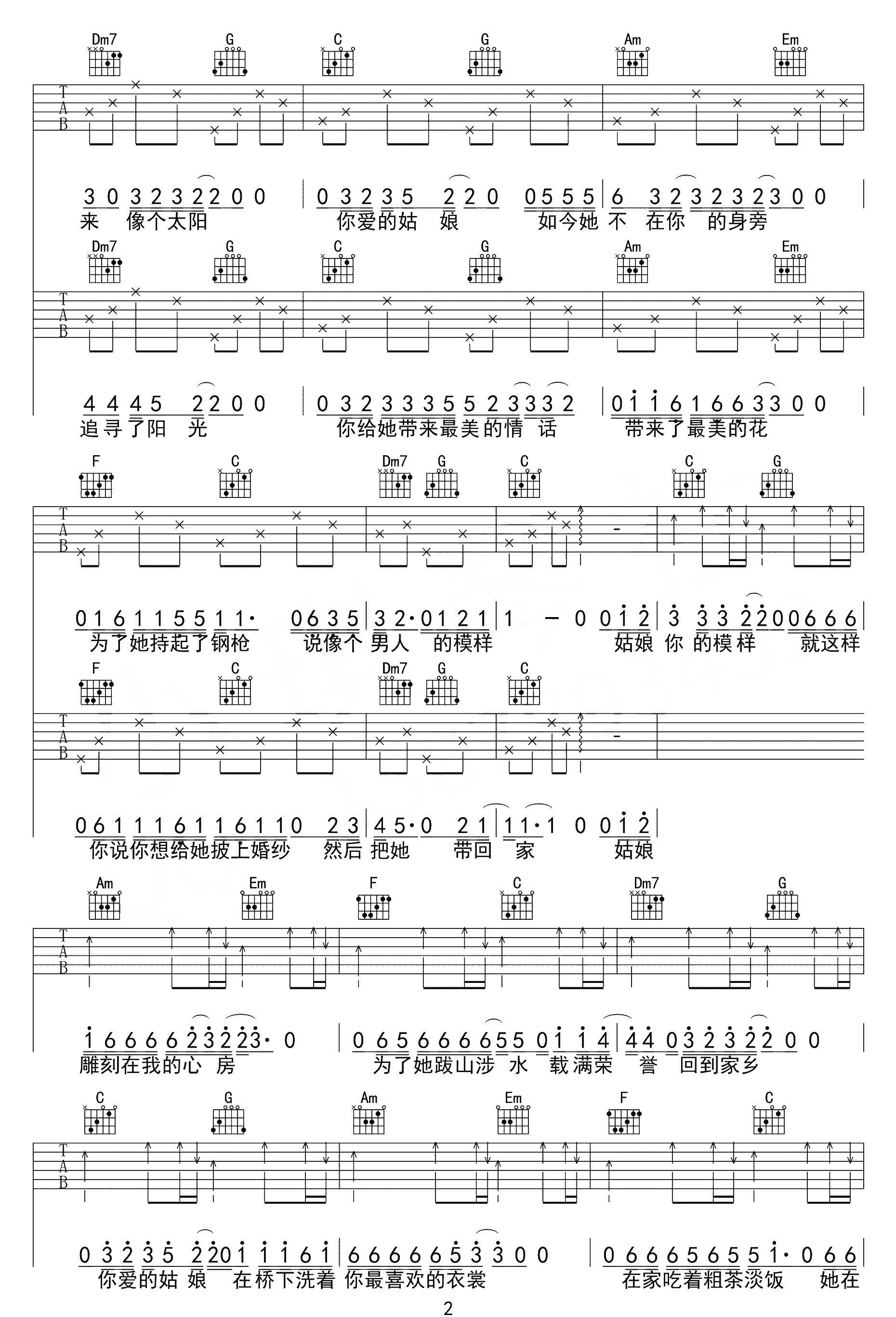 你的姑娘吉他谱-隔壁老樊-C调原版弹唱谱-附PDF图片谱1