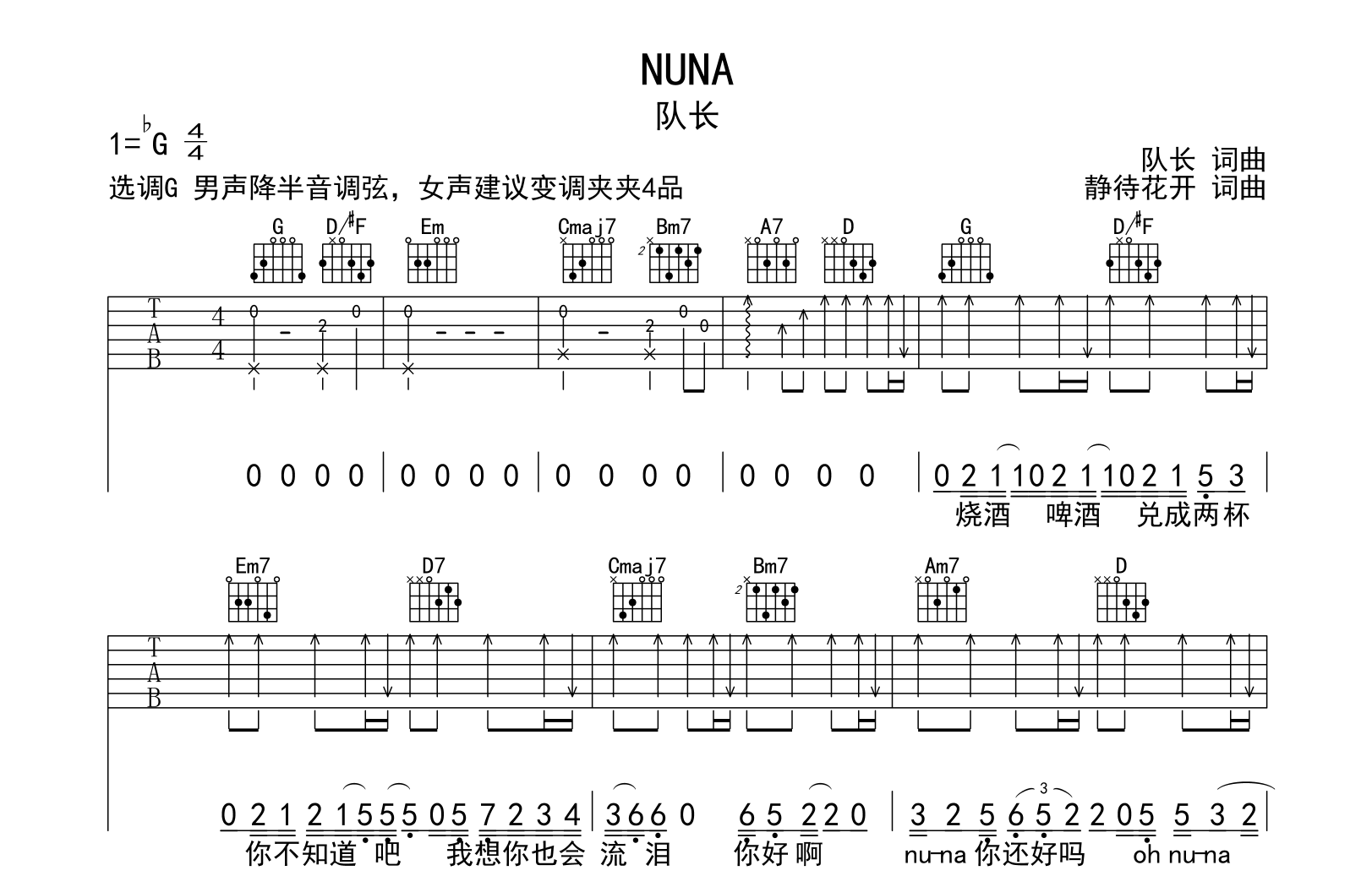 队长《NUNA》吉他谱-G调原版弹唱吉他谱1