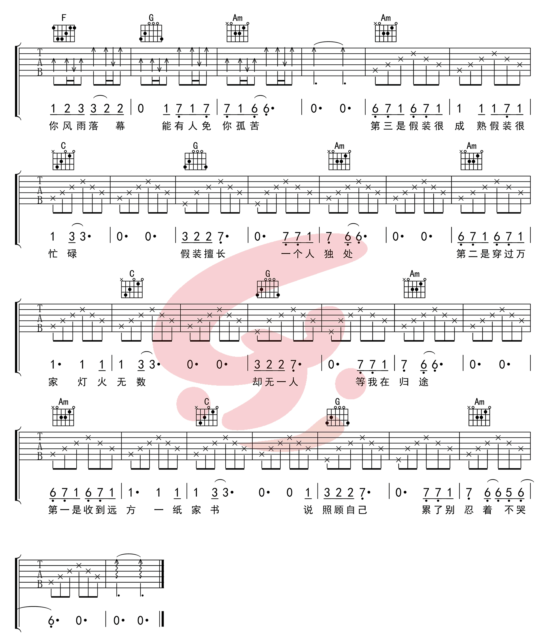 《十一种孤独》吉他谱_宿羽阳_C调简单版弹唱谱_高清六线谱3