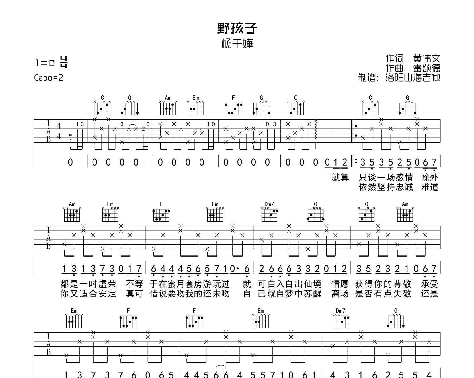 杨千嬅《野孩子》吉他谱-C调吉他弹唱谱1