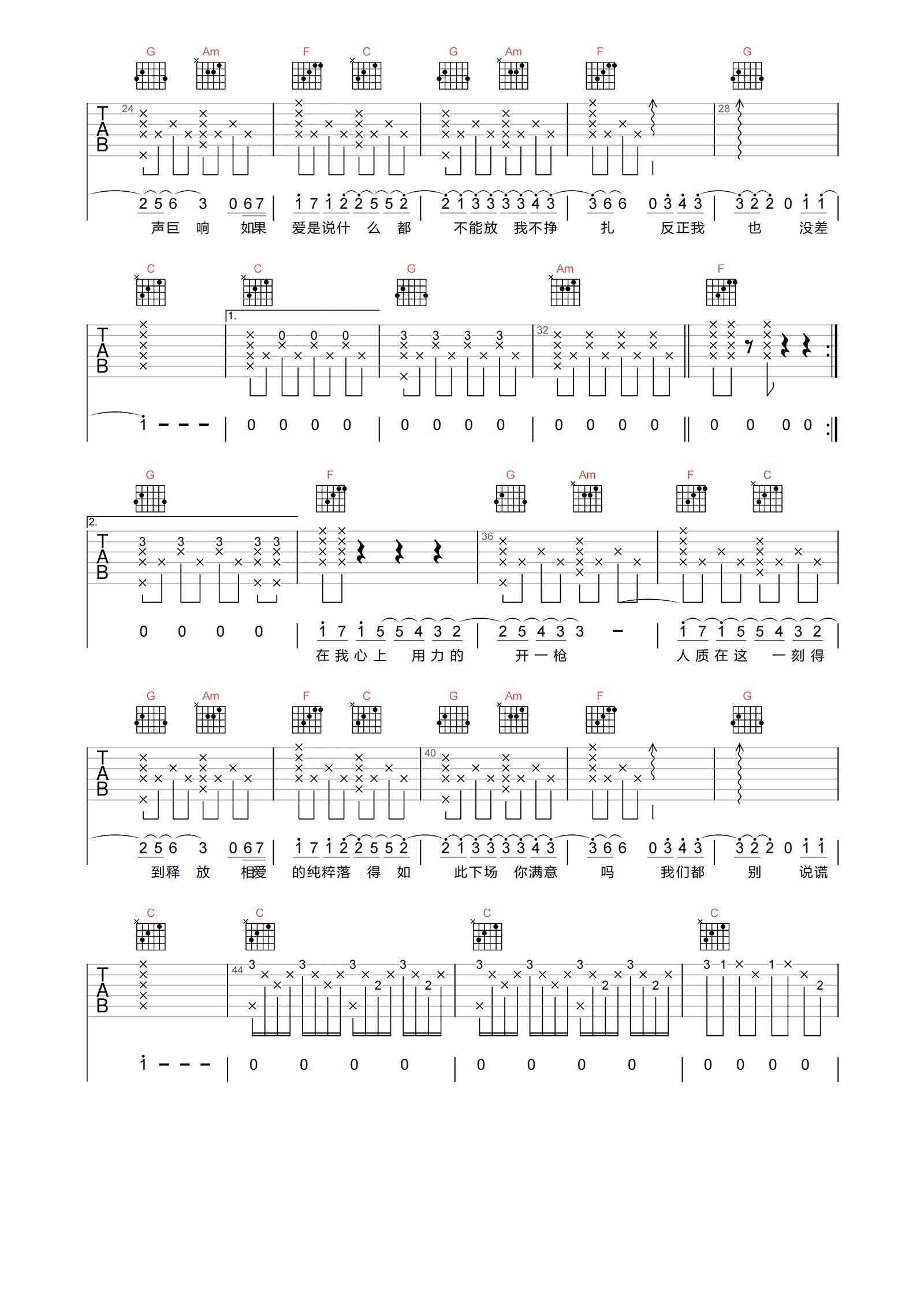 人质吉他谱-李琦-C调原版弹唱谱-附PDF图片谱1