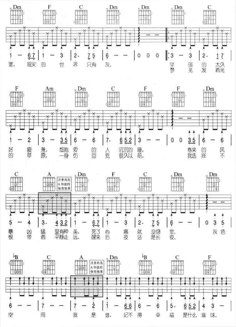 灰色空间吉他谱 F调六线谱-简单版-罗志祥1