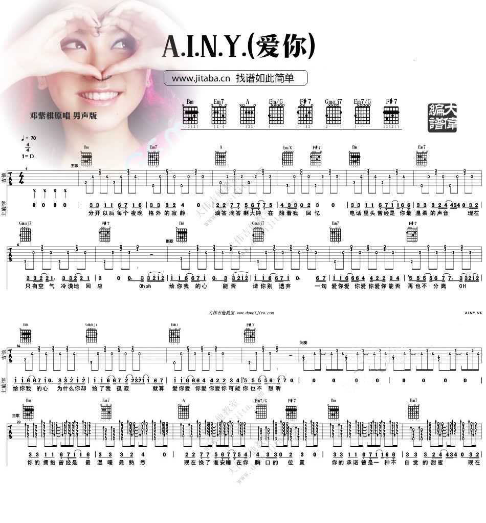 AINY爱你吉他谱 邓紫棋 A.I.N.Y六线谱(男声版)1