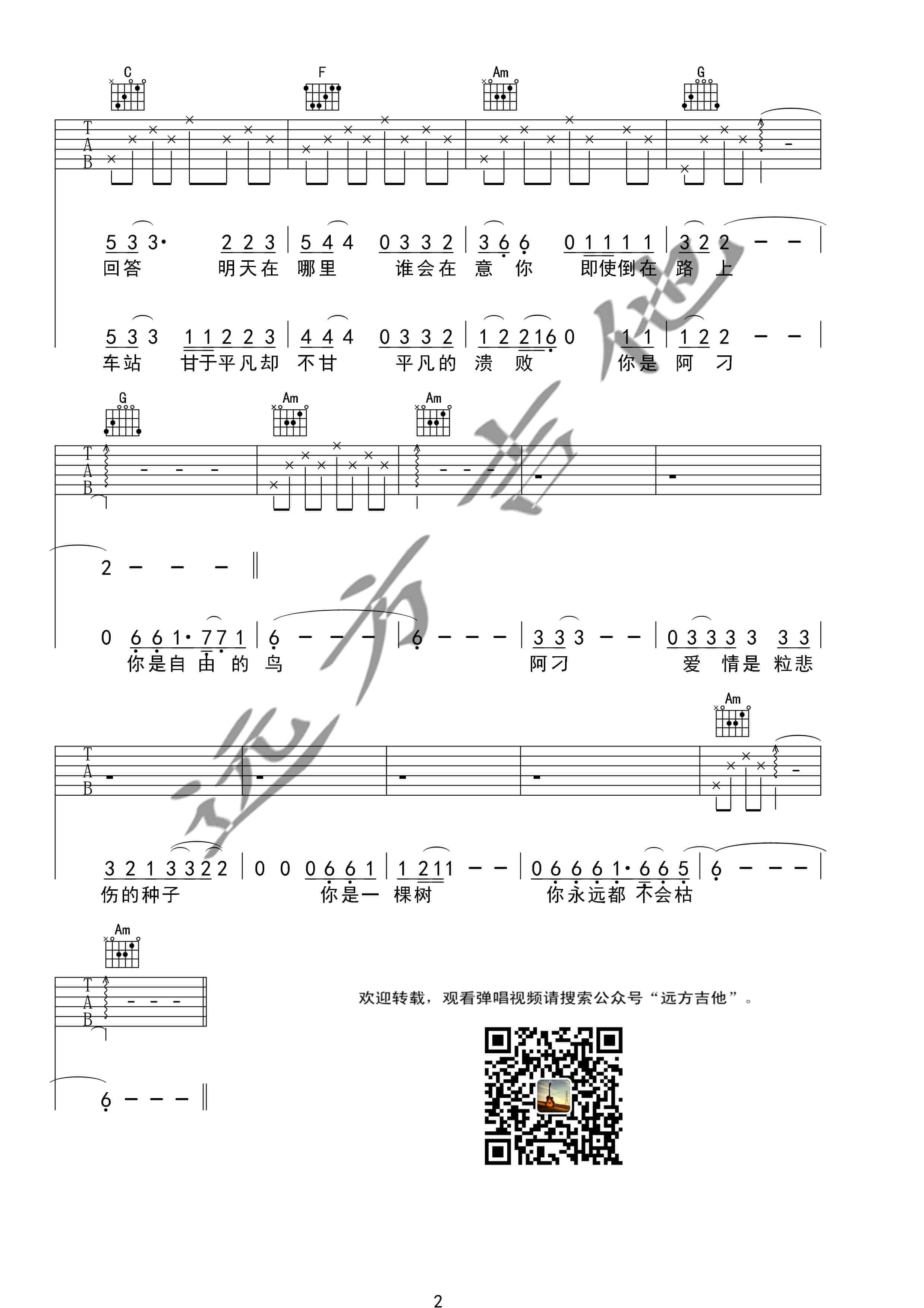 《阿刁》吉他弹唱谱-分解和弦伴奏六线谱-远方吉他1