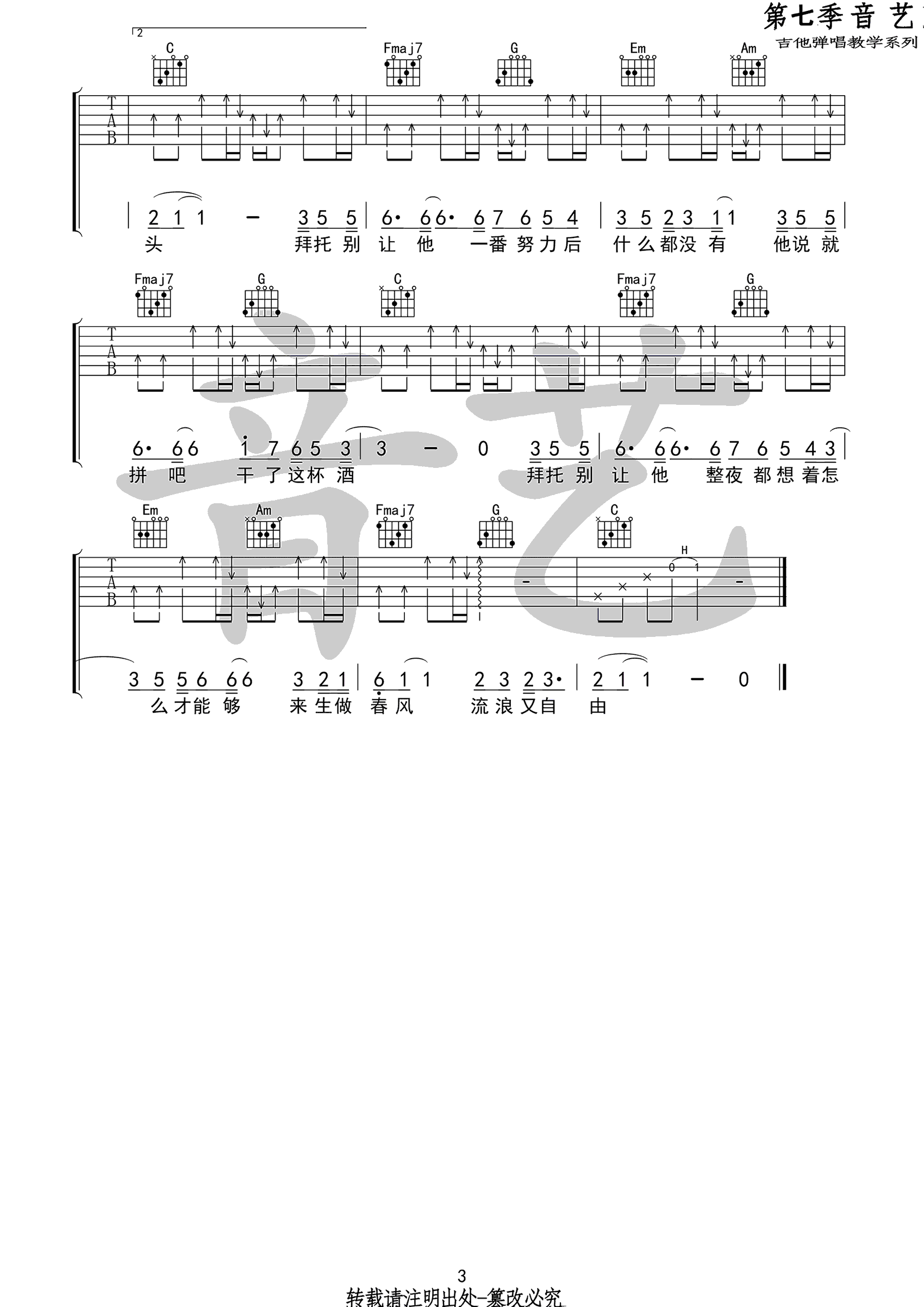 拜托吉他谱-孙晨-《拜托》C调简单版弹唱六线谱-高清图片谱2